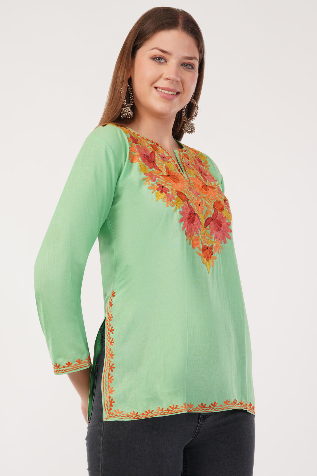 Kashmiri Aari embroidery Cotton Short Kurti Size-40(Green)