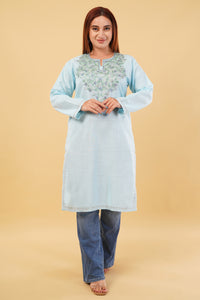 Kashmiri Aari embroidery Cotton Long Kurti Size-44(Sky Blue)