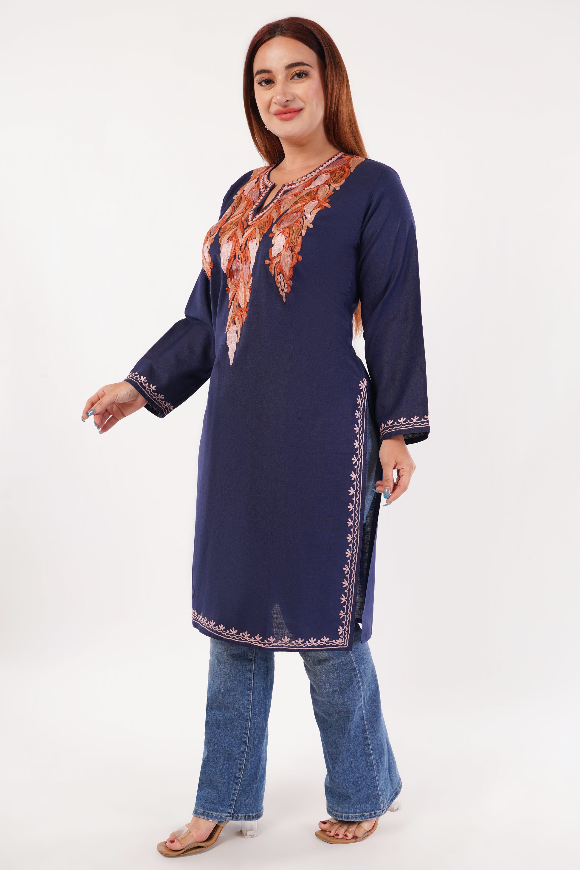 Kashmiri Aari embroidery Cotton Long Kurti Size-44(Navy Blue)