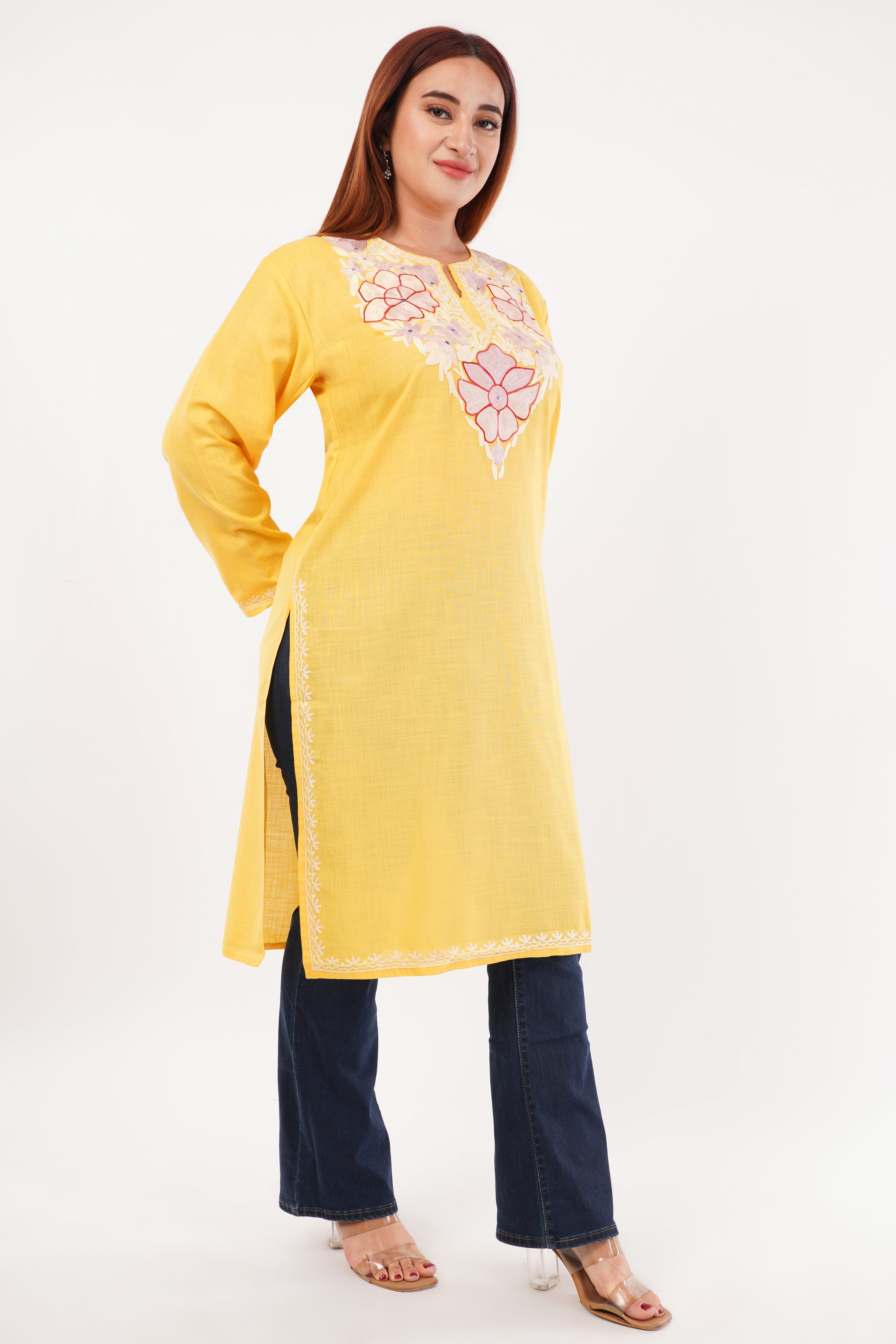 Kashmiri Aari embroidery Cotton Long Kurti Size-44(Yellow)
