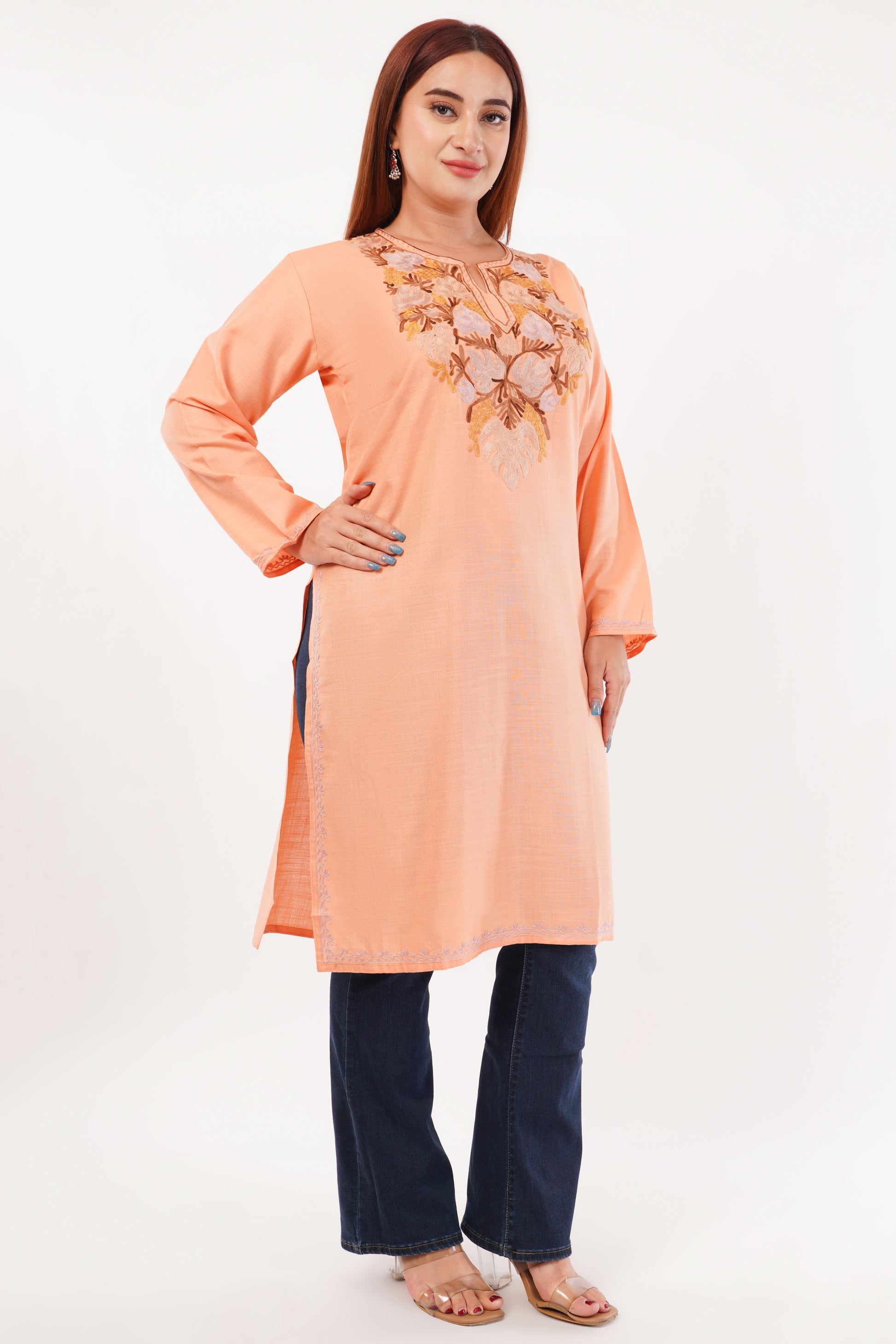 Kashmiri Aari embroidery Cotton Long Kurti Size-44(Peach)