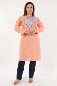 Kashmiri Aari embroidery Cotton Long Kurti Size-44(Peach)