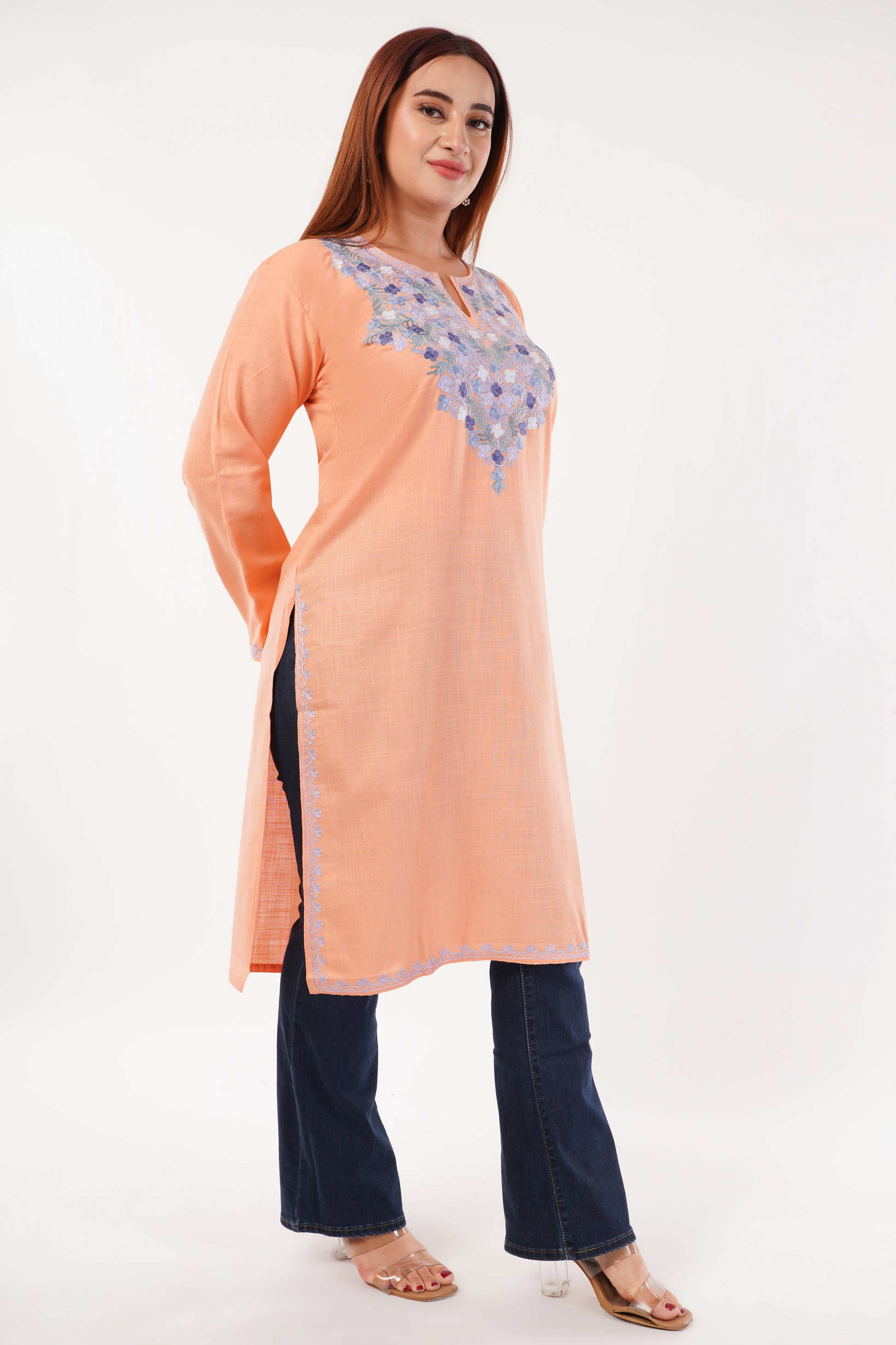 Kashmiri Aari embroidery Cotton Long Kurti Size-44(Peach)