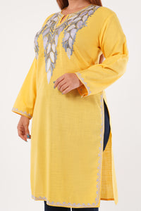 Kashmiri Aari embroidery Cotton Long Kurti Size-44(Yellow)