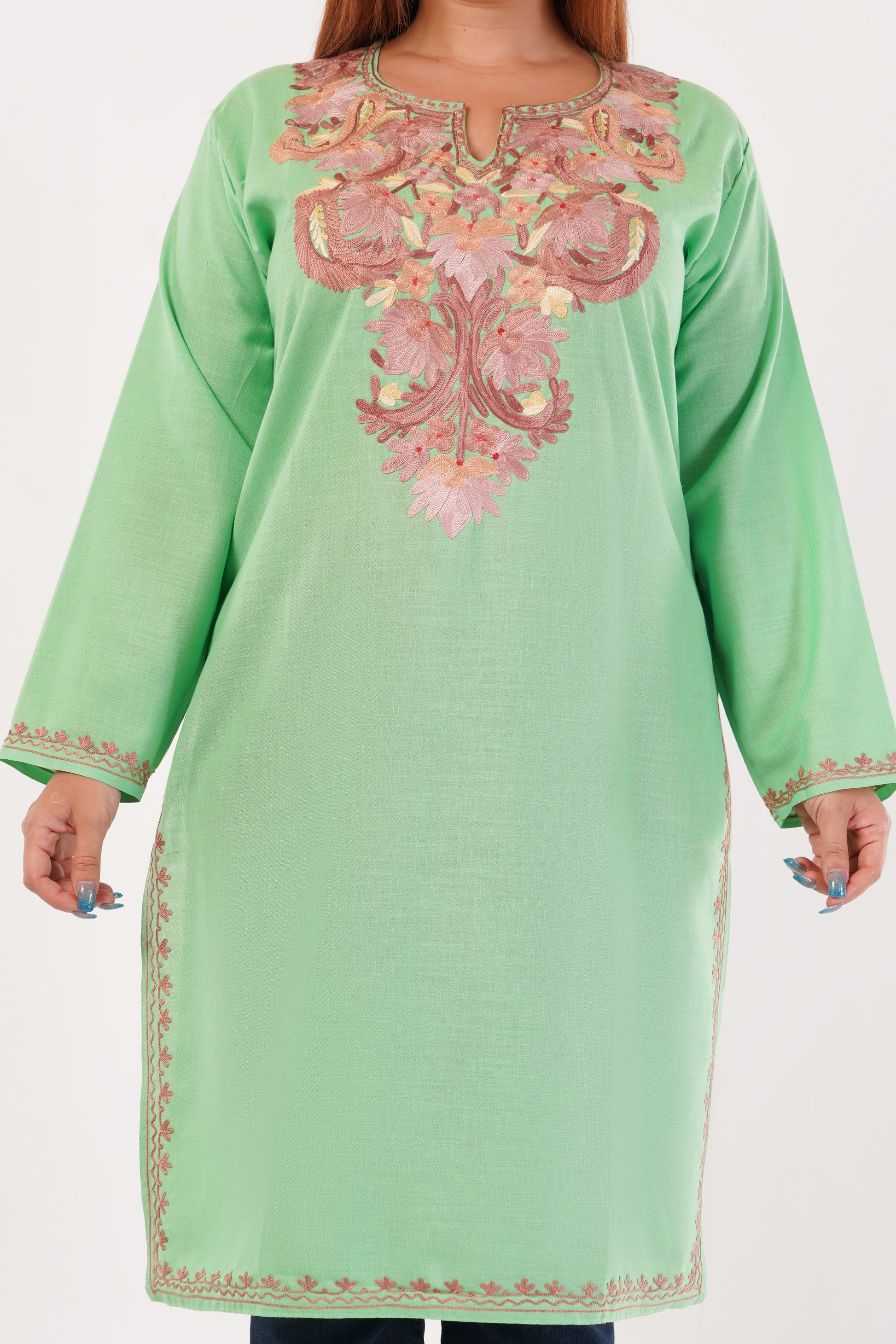 Kashmiri Aari embroidery Cotton Long Kurti Size-44(Green)