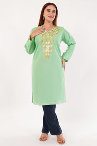Kashmiri Aari embroidery Cotton Long Kurti Size-44(Green)