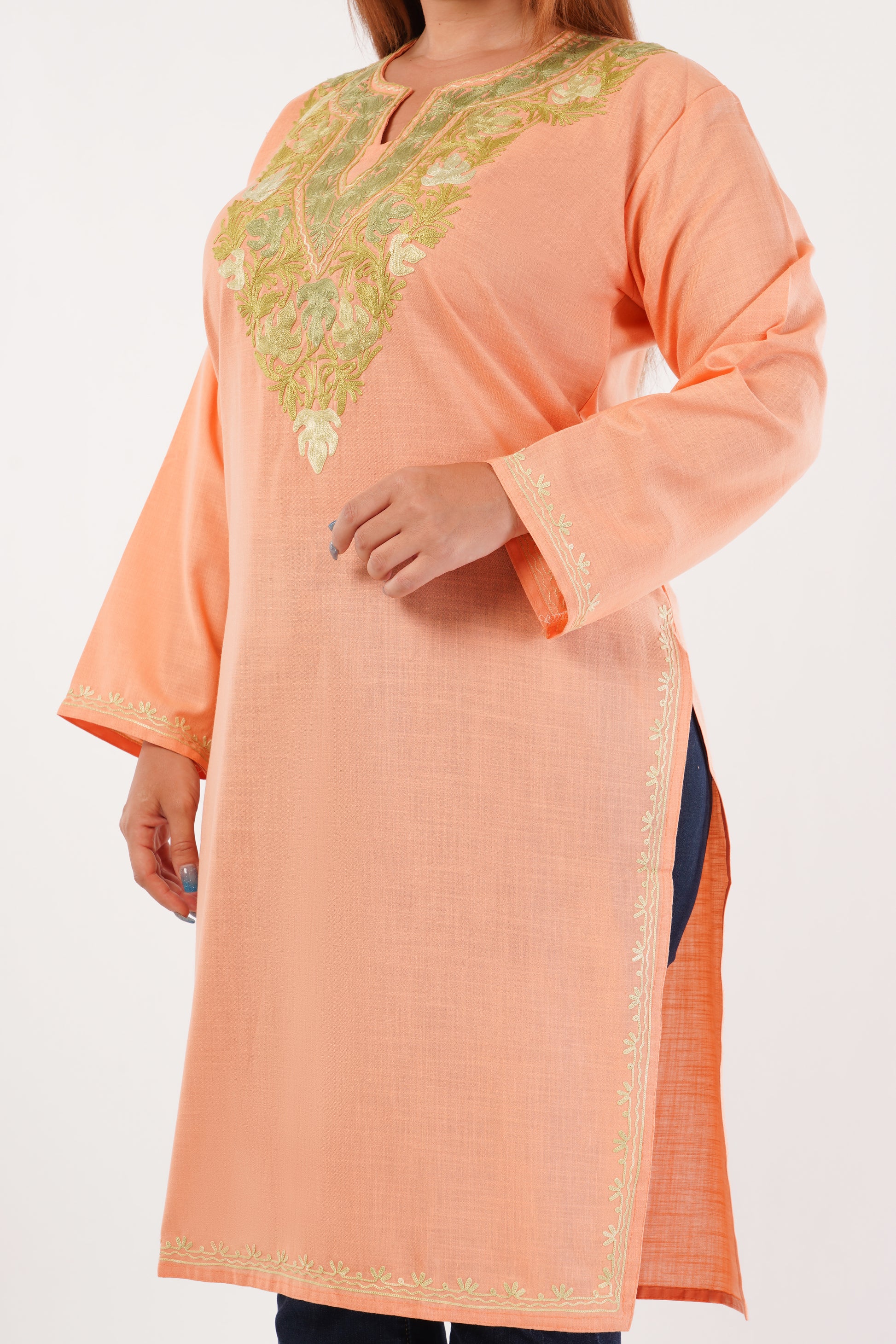 Kashmiri Aari embroidery Cotton Long Kurti Size-44(Peach)