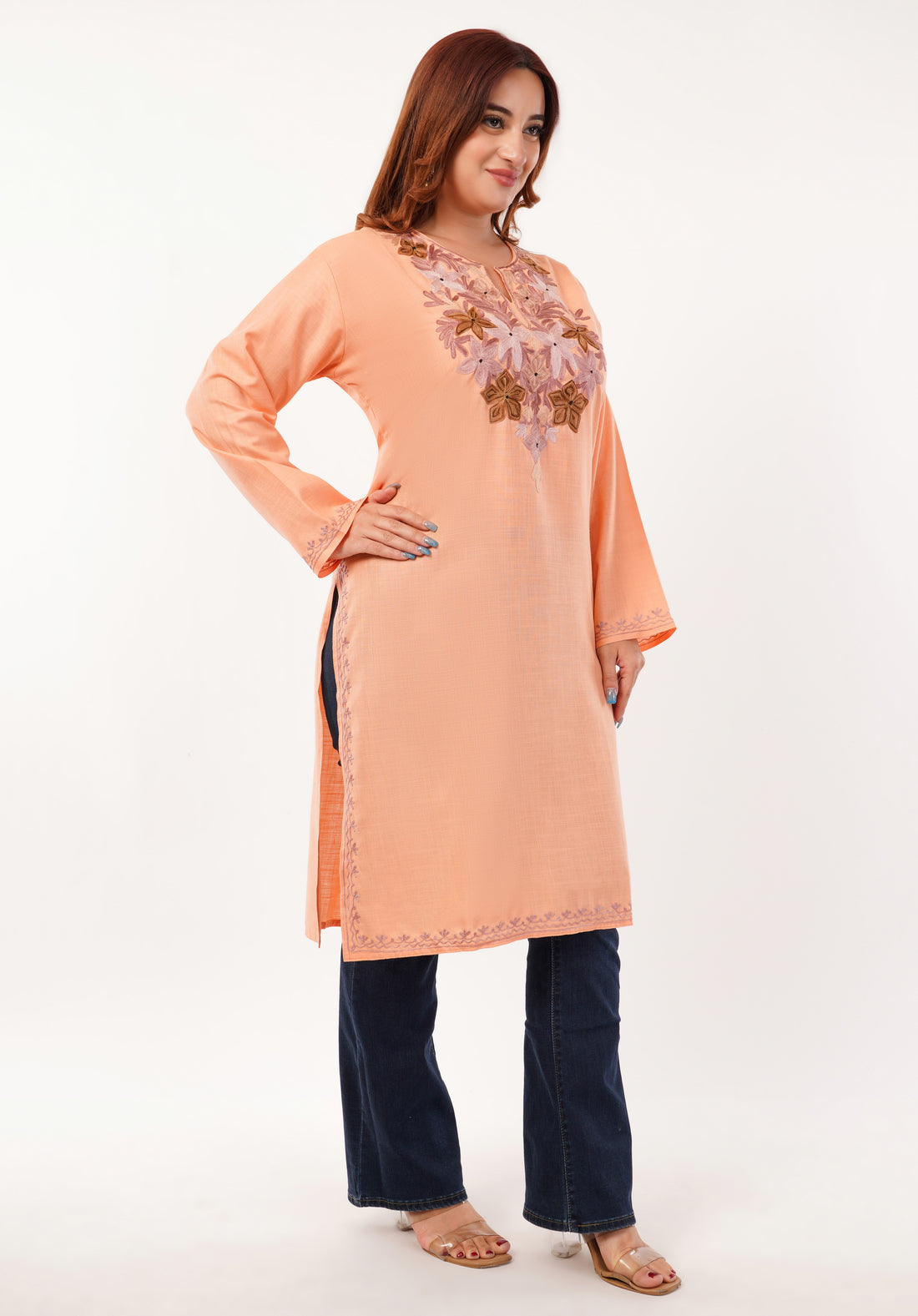 Kashmiri Aari embroidery Cotton Long Kurti Size-46(Peach)