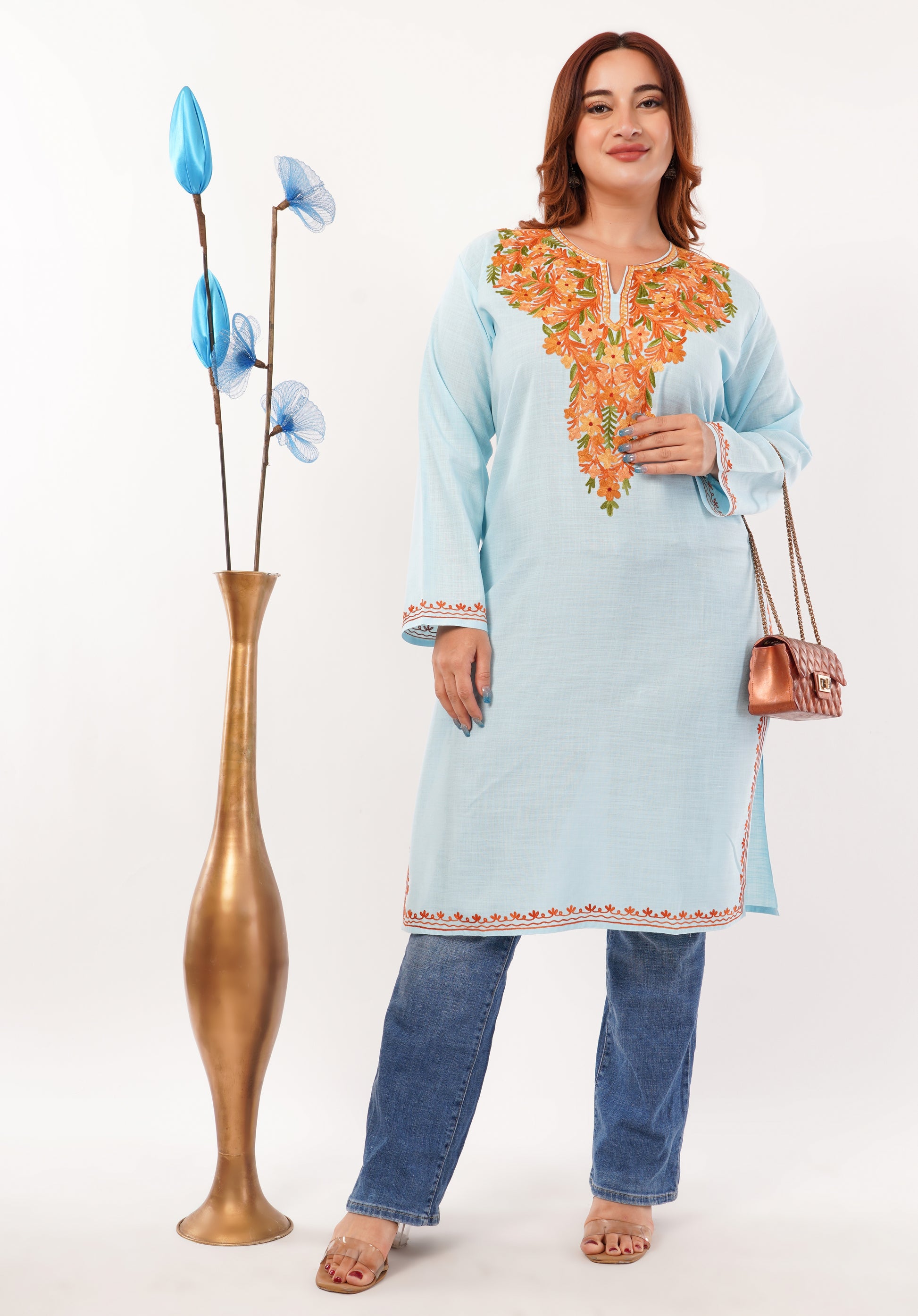Kashmiri Aari embroidery Cotton Long Kurti Size-46(Sky Blue)