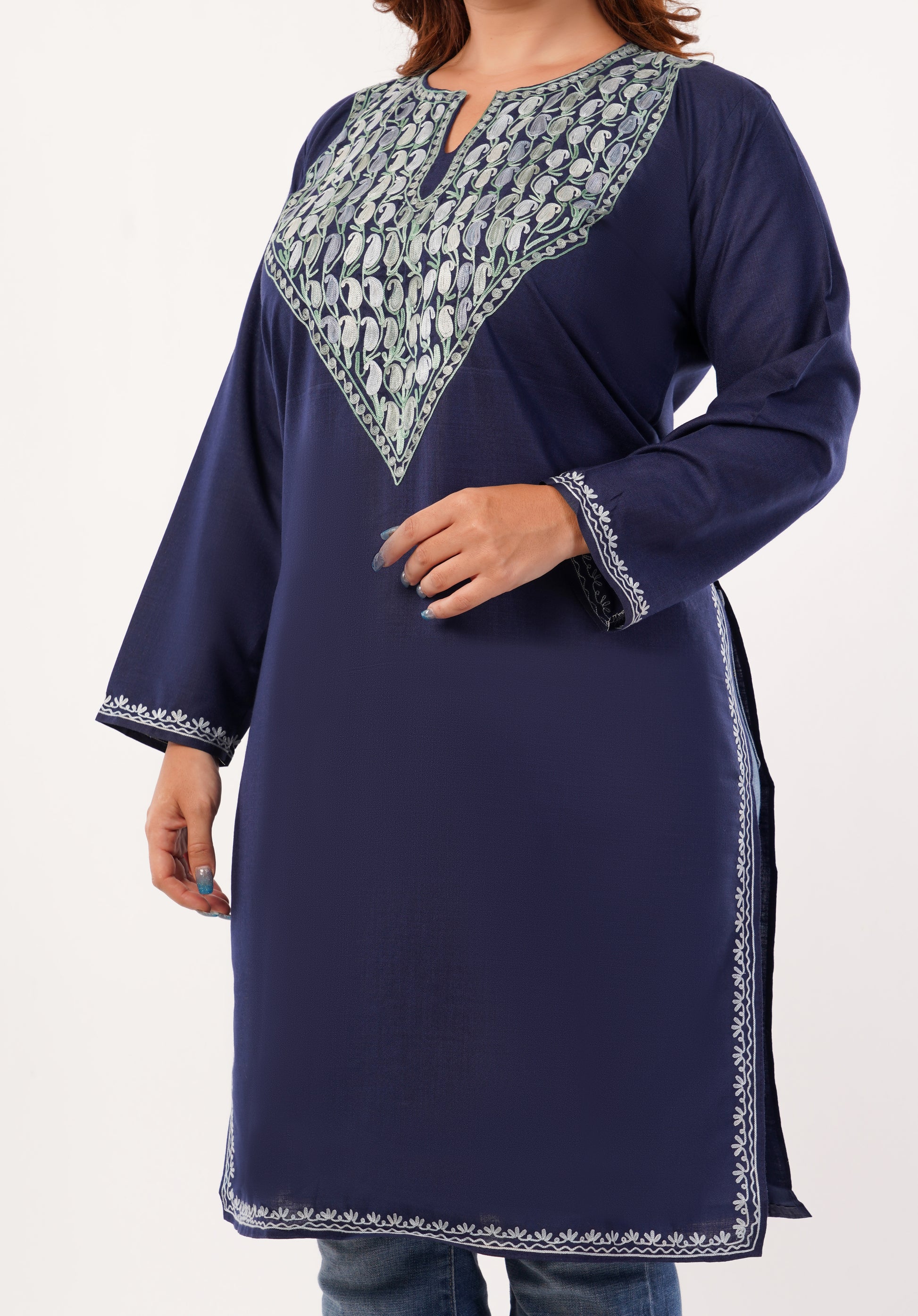 Kashmiri Aari embroidery Cotton Long Kurti Size-46(Navy Blue)