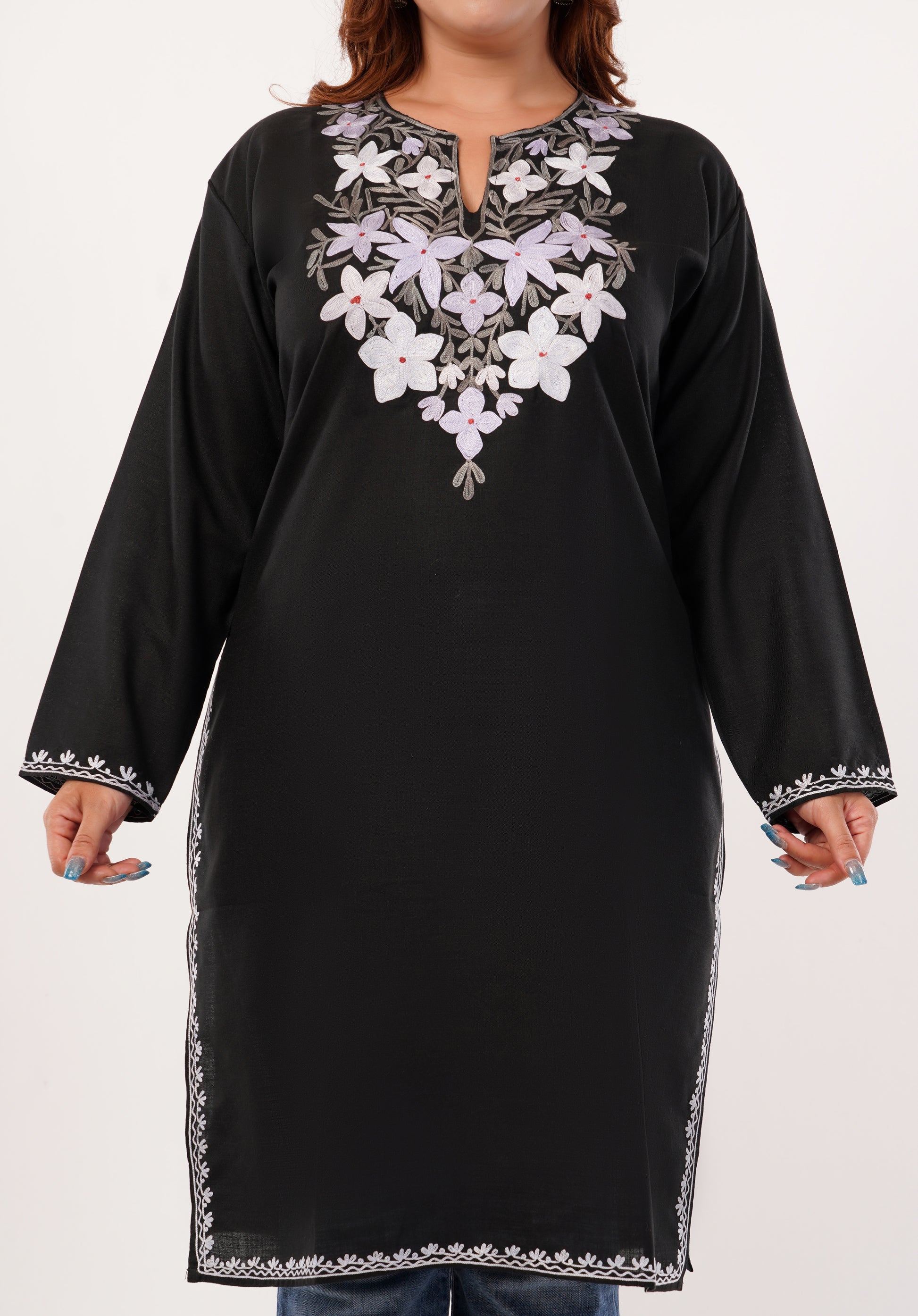 Kashmiri Aari embroidery Cotton Long Kurti Size-46(Black)