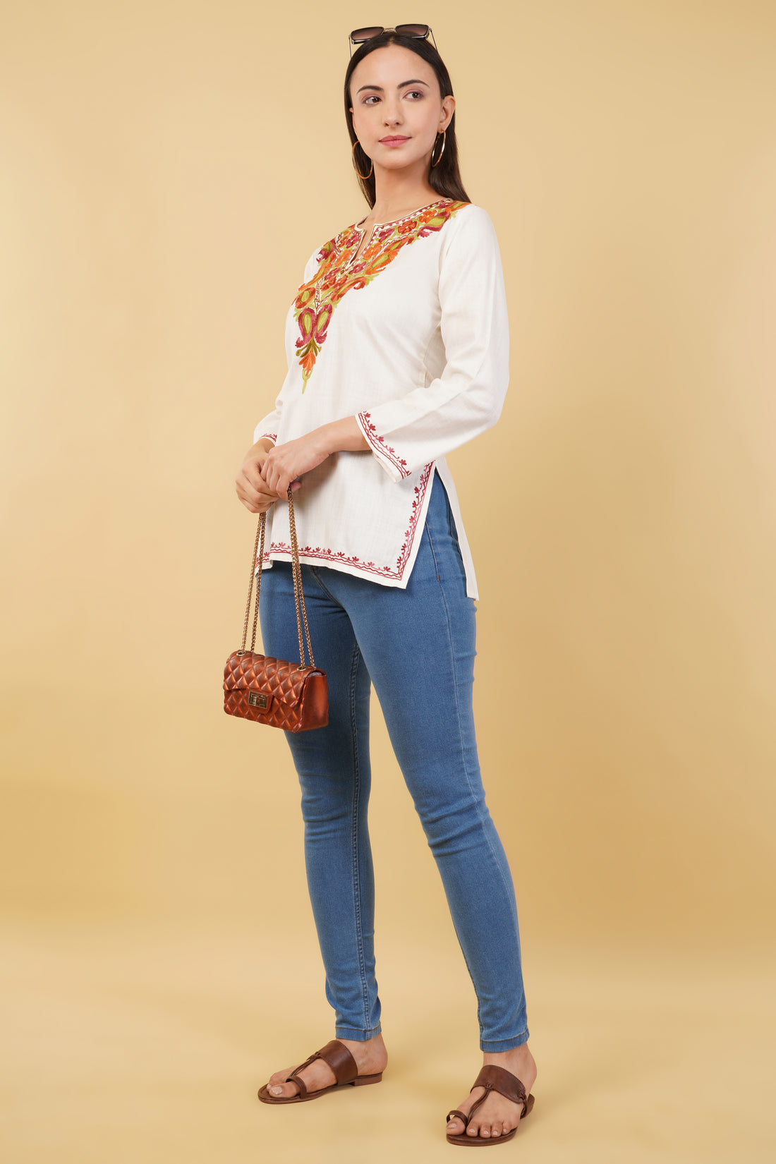 Kashmiri Aari embroidery Cotton Short Kurti Size-36 (White)