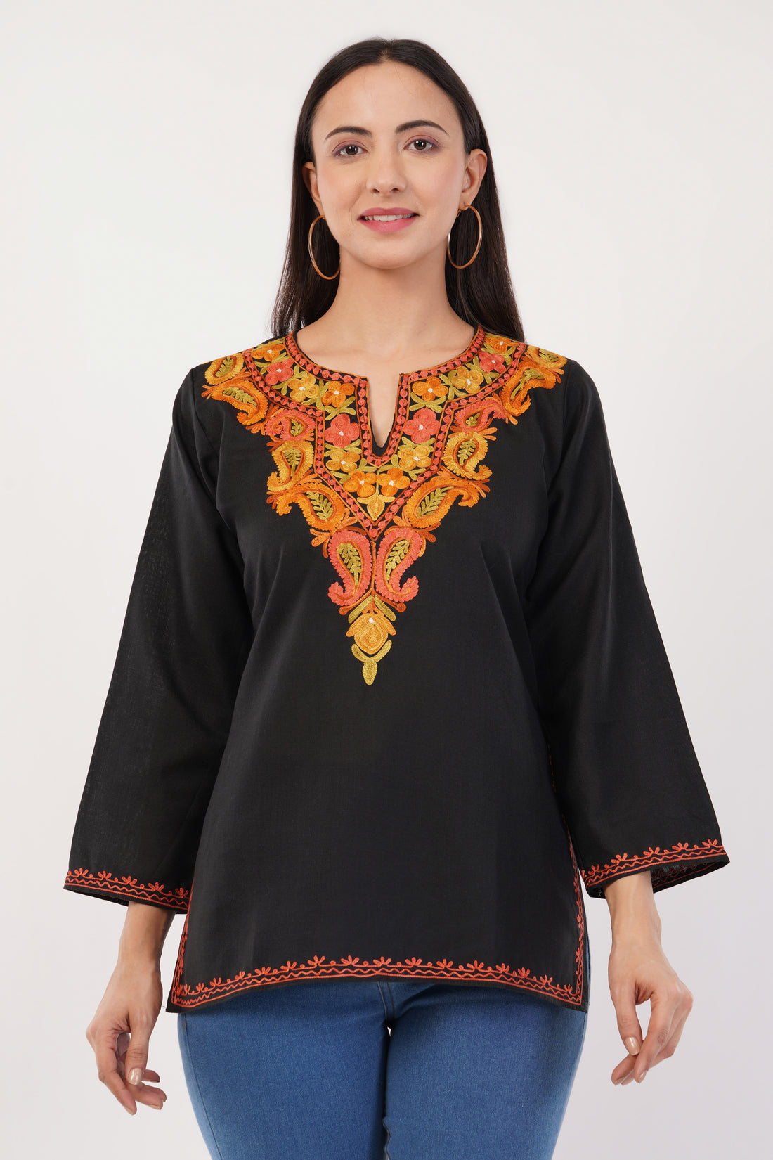 Kashmiri Aari embroidery Cotton Short Kurti Size-36 (Black)