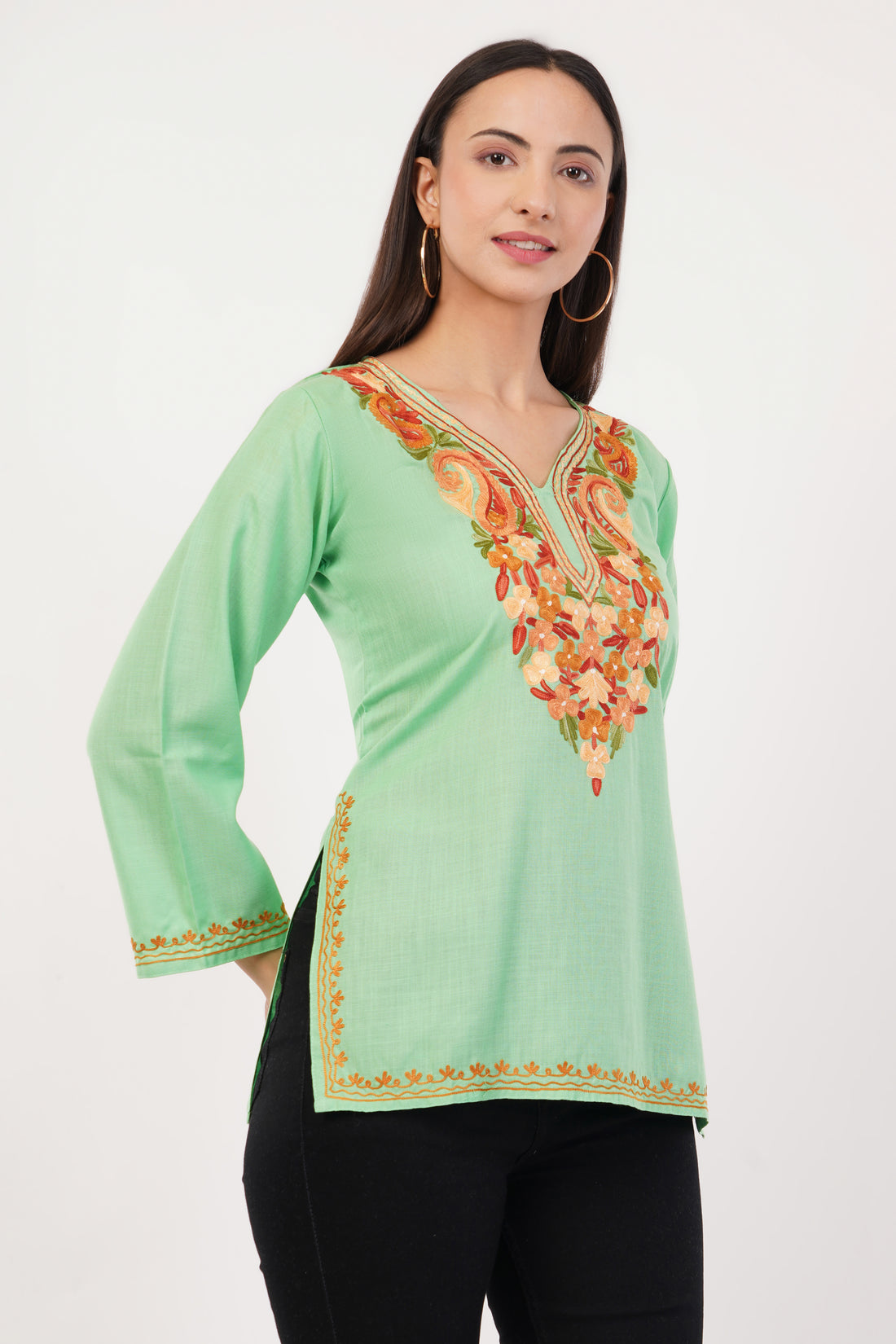 Kashmiri Aari embroidery Cotton Short Kurti Size-36 (Green)