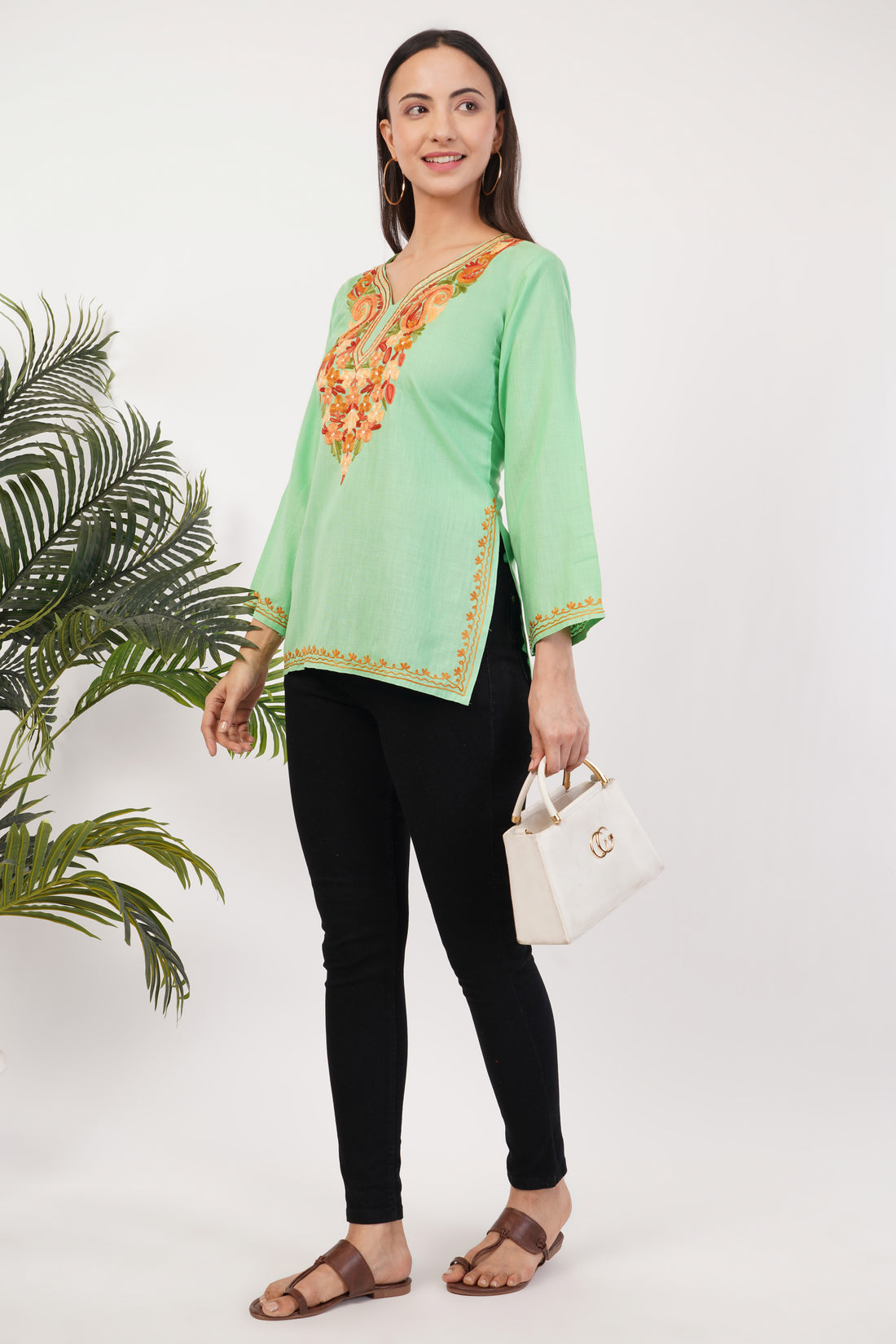 Kashmiri Aari embroidery Cotton Short Kurti Size-36 (Green)