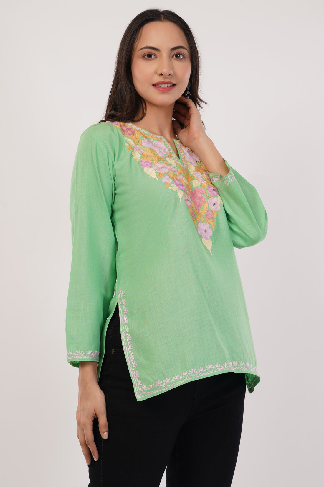 Kashmiri Aari embroidery Cotton Short Kurti Size-38(Green)