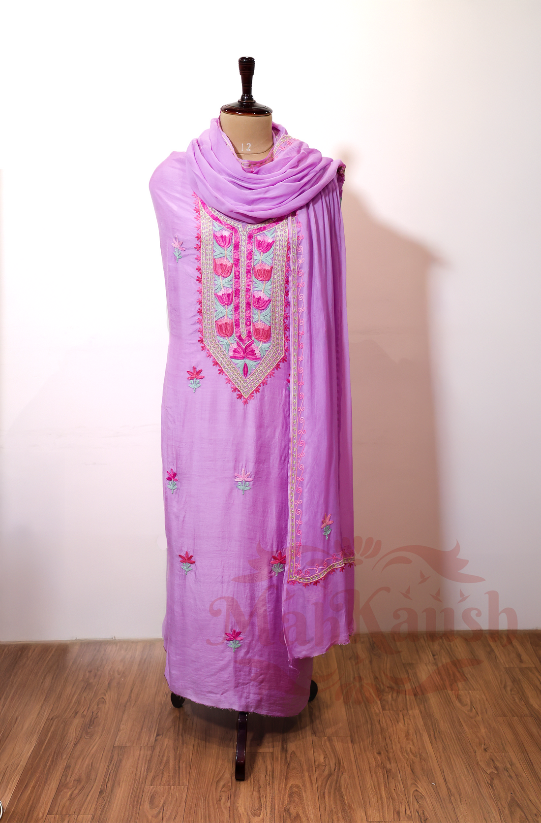 Unstitched Pure Muslin Kashmiri Aari Embroidery Suit (Purple)