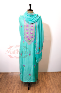 Unstitched Pure Muslin Kashmiri Aari Embroidery Suit  (Sky Blue)