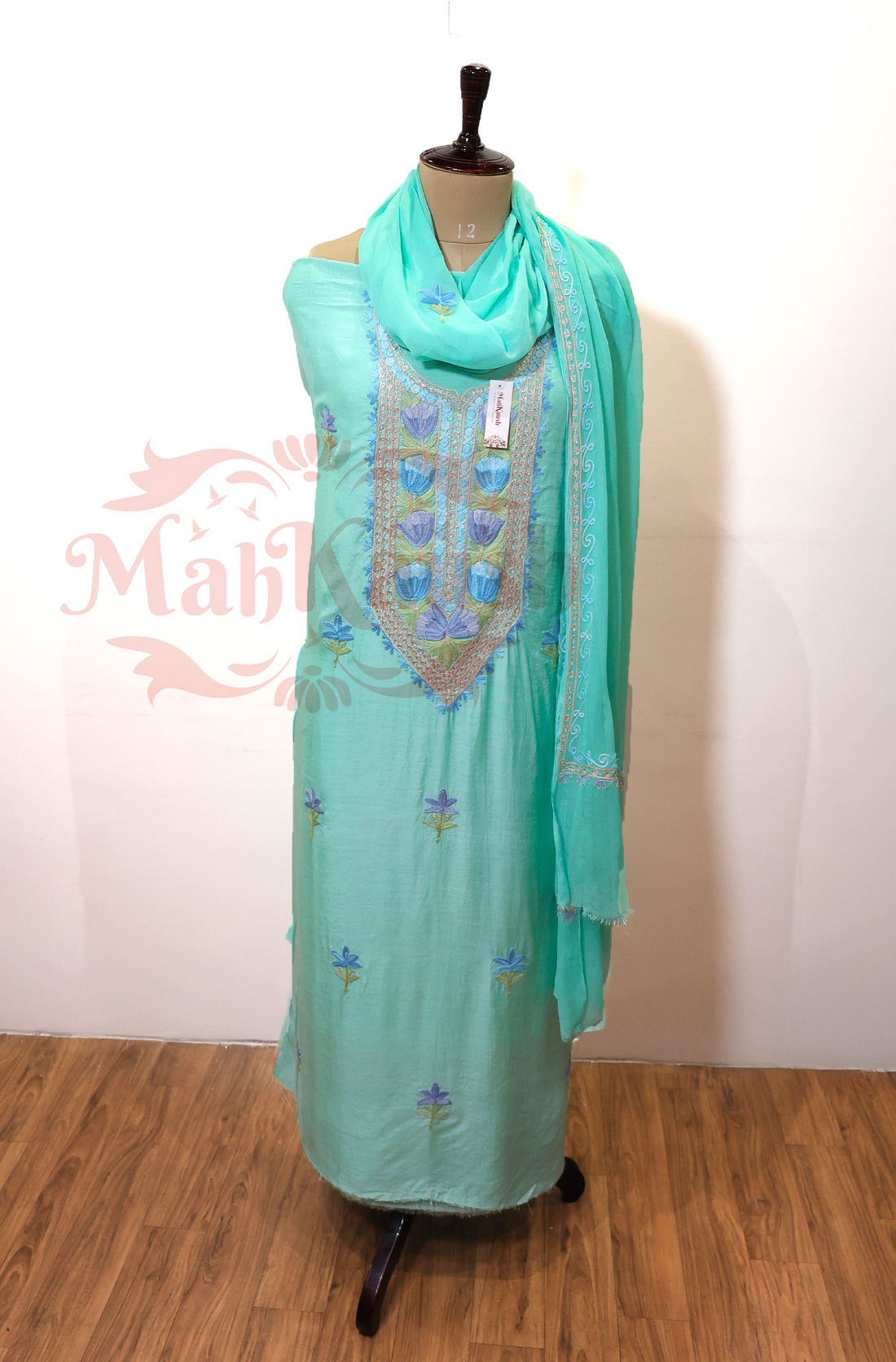 Unstitched Pure Muslin Kashmiri Aari Embroidery Suit (Sky Blue)