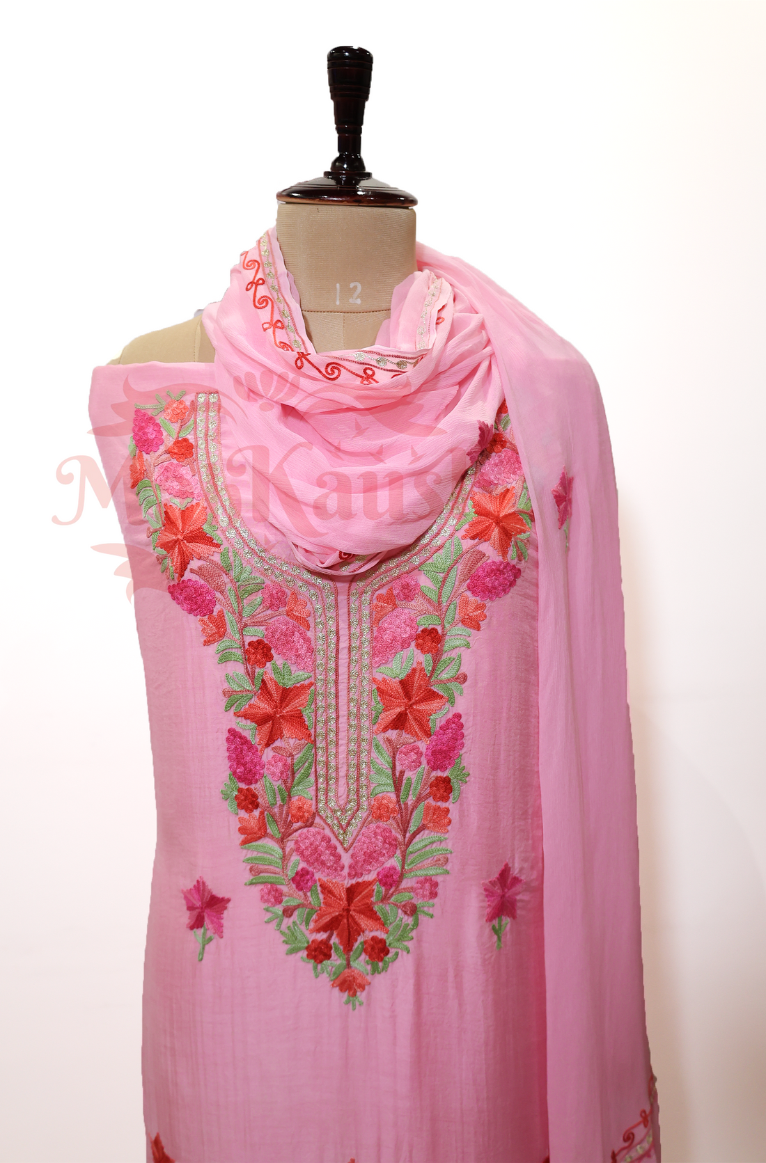 Unstitched Pure Muslin Kashmiri Aari Embroidery Suit (Pink)