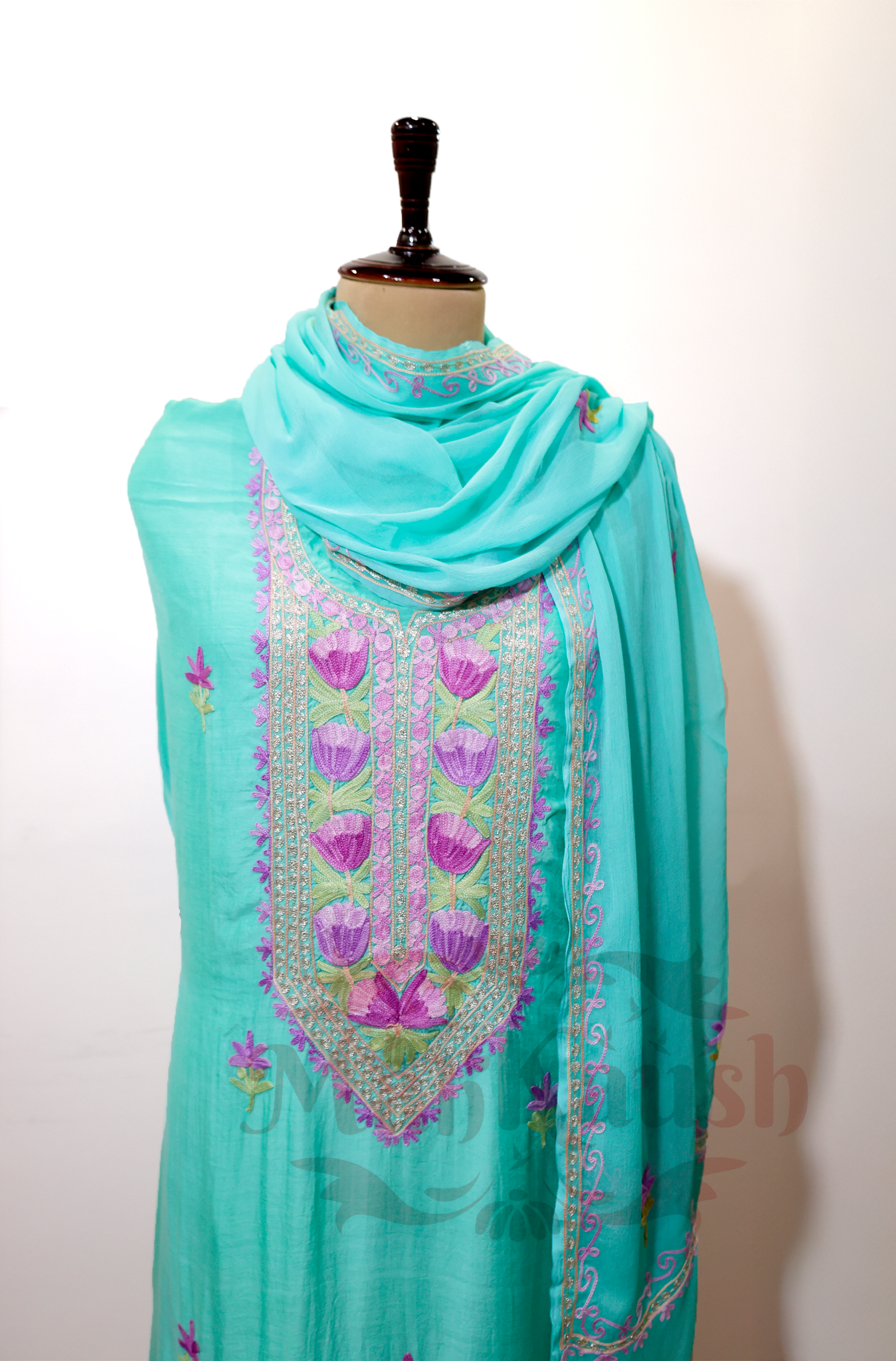 Unstitched Pure Muslin Kashmiri Aari Embroidery Suit  (Sky Blue)