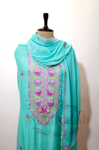 Unstitched Pure Muslin Kashmiri Aari Embroidery Suit  (Sky Blue)