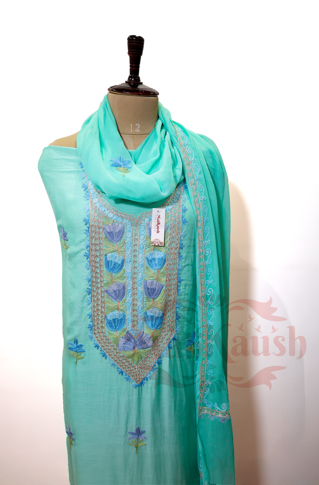 Unstitched Pure Muslin Kashmiri Aari Embroidery Suit (Sky Blue)
