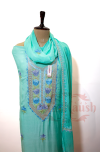Unstitched Pure Muslin Kashmiri Aari Embroidery Suit (Sky Blue)