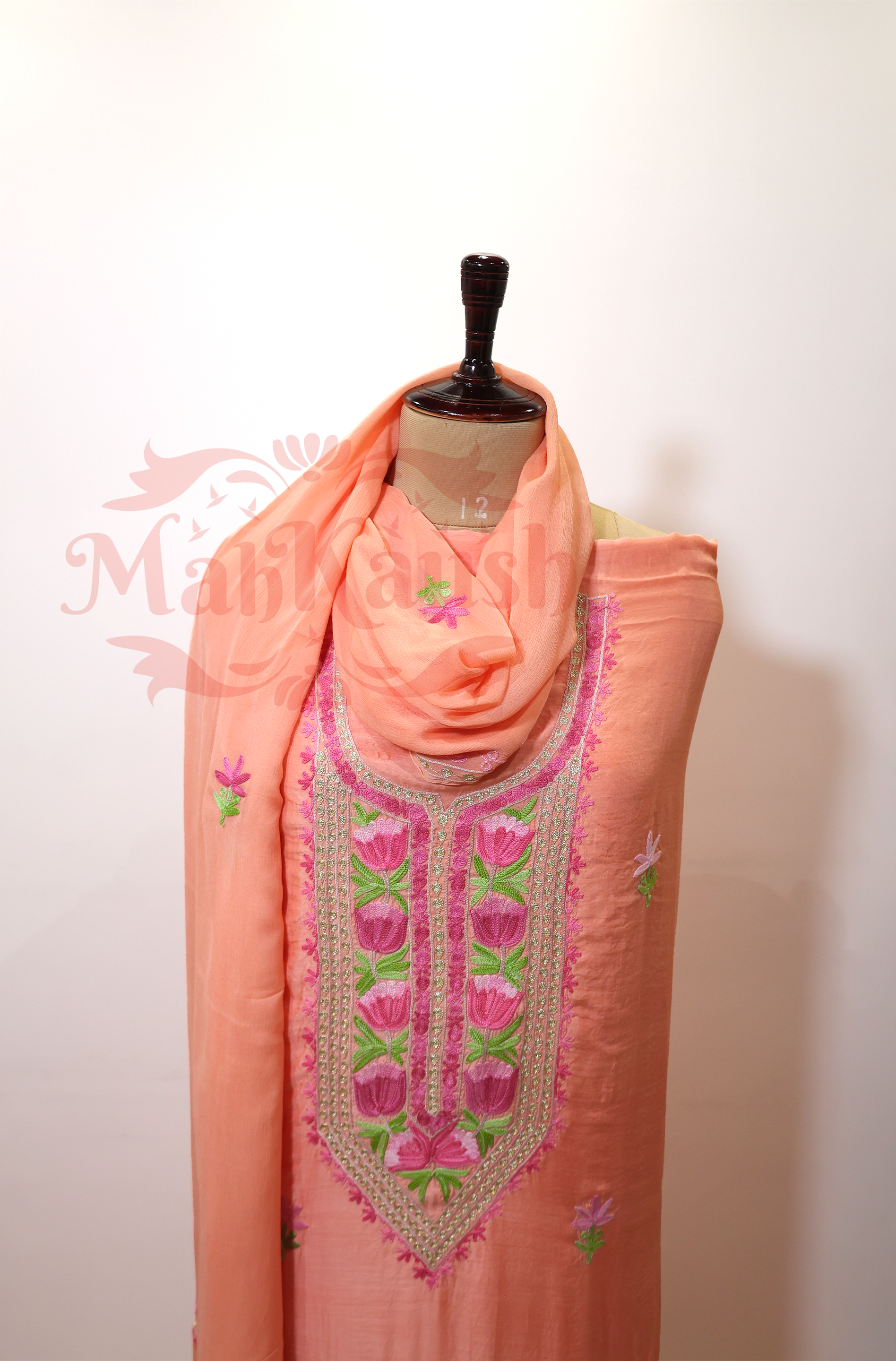 Unstitched Pure Muslin Kashmiri Aari Embroidery Suit (Peach)