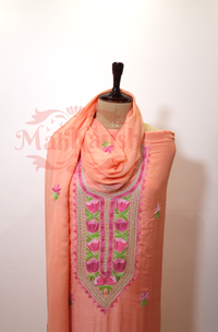 Unstitched Pure Muslin Kashmiri Aari Embroidery Suit (Peach)