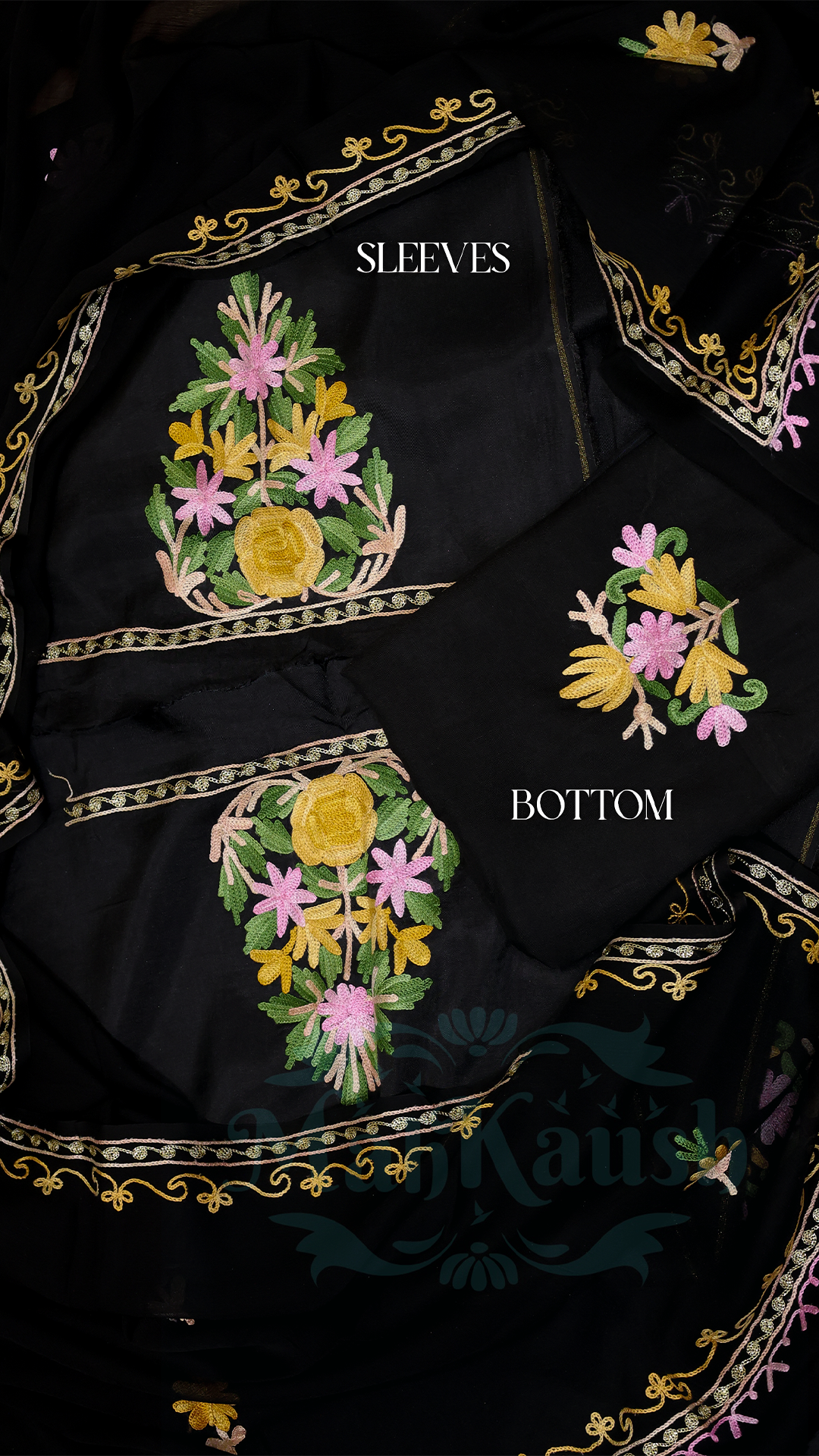 Uppada Silk Suit with Kashmiri Aari Embroidery Unstitched (Black)