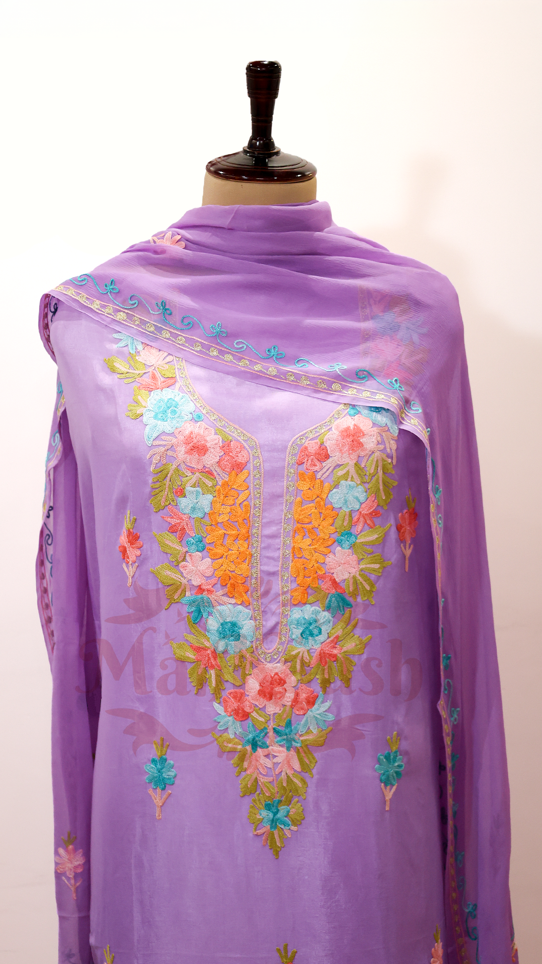 Uppada Silk Suit with Kashmiri Aari Embroidery Unstitched (Purple)