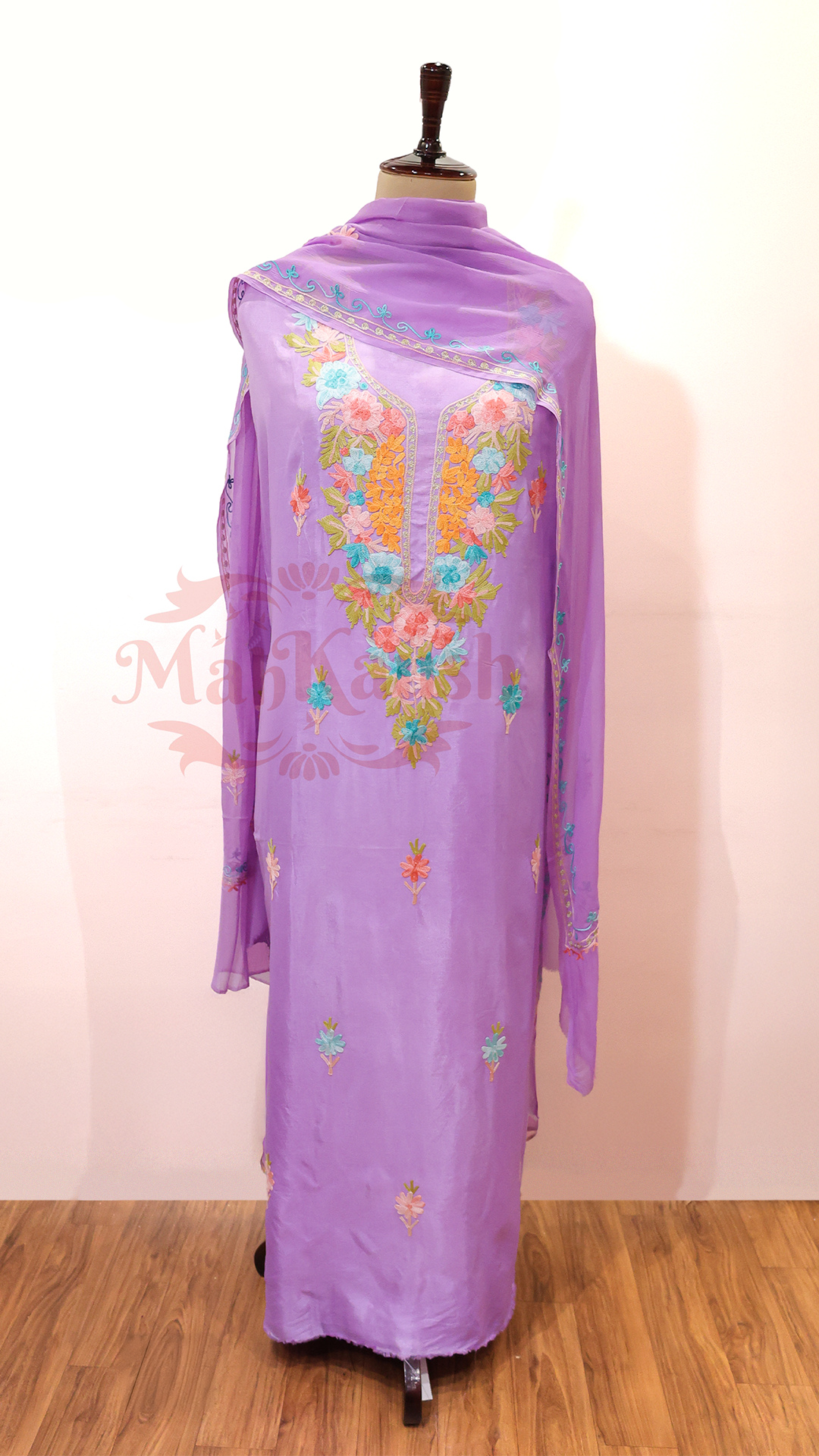 Uppada Silk Suit with Kashmiri Aari Embroidery Unstitched (Purple)