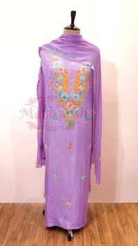 Uppada Silk Suit with Kashmiri Aari Embroidery Unstitched (Purple)