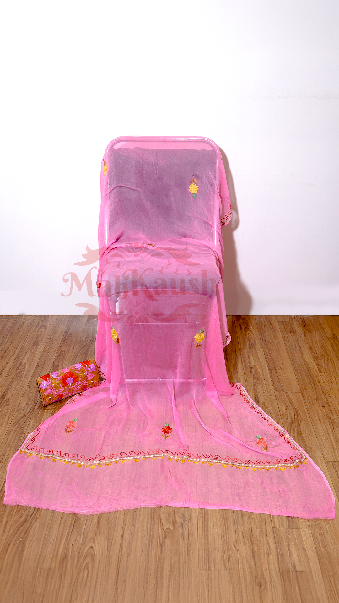 Uppada Silk Suit with Kashmiri Aari Embroidery Unstitched (Pink)