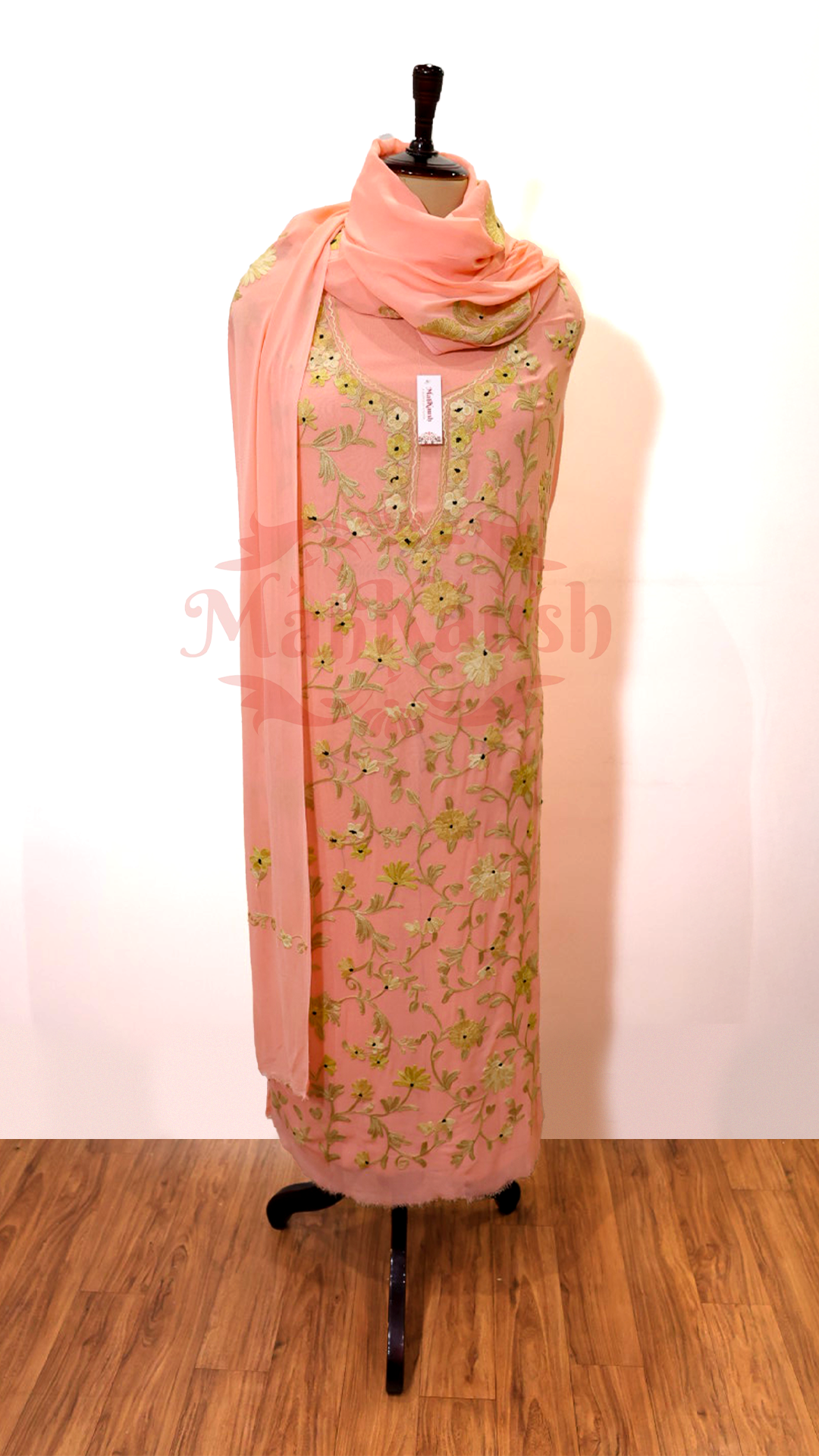 Semi Georgette Kashmiri Aari Embroidery Suit (Unstitched) Peach