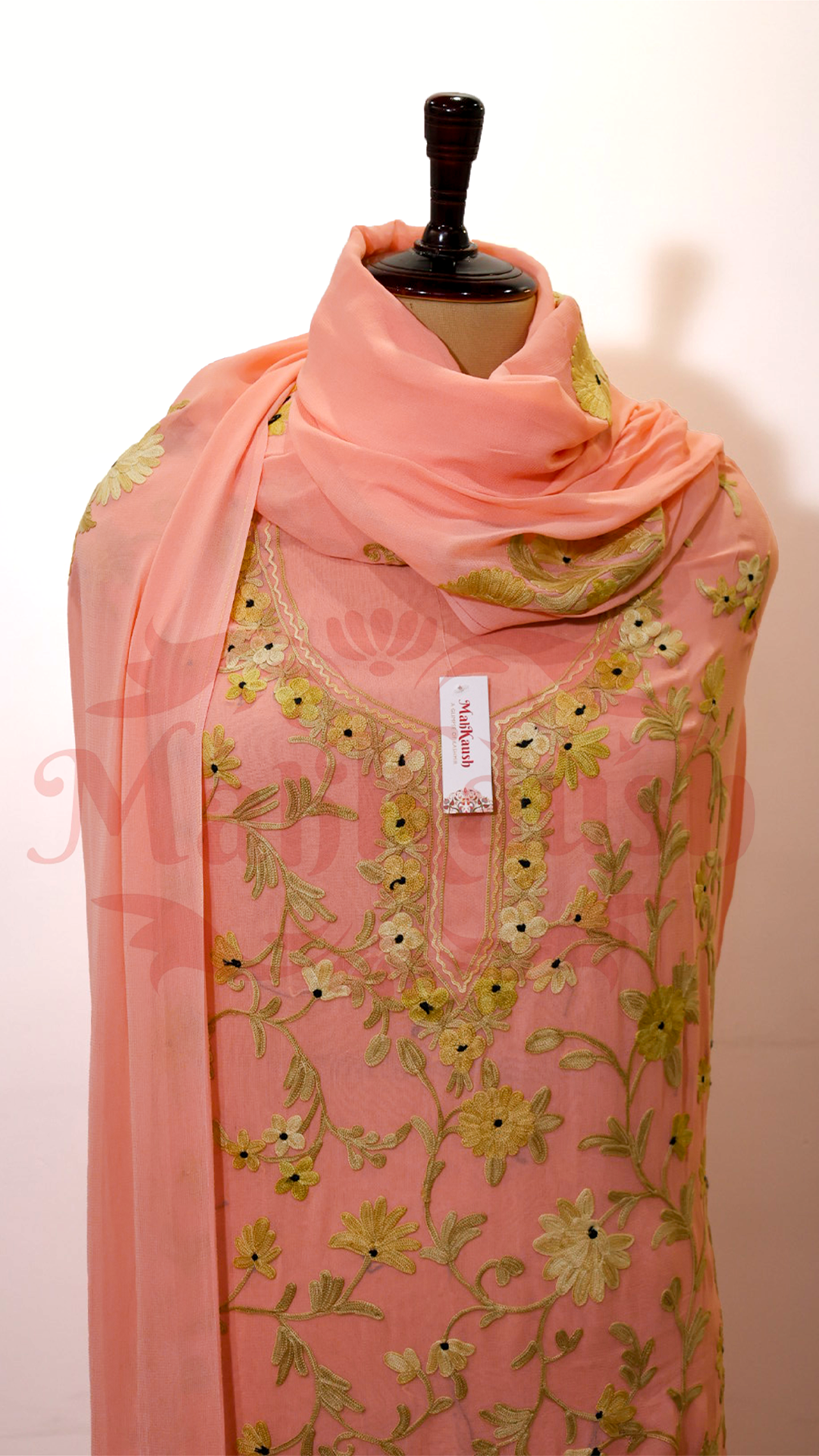 Semi Georgette Kashmiri Aari Embroidery Suit (Unstitched) Peach