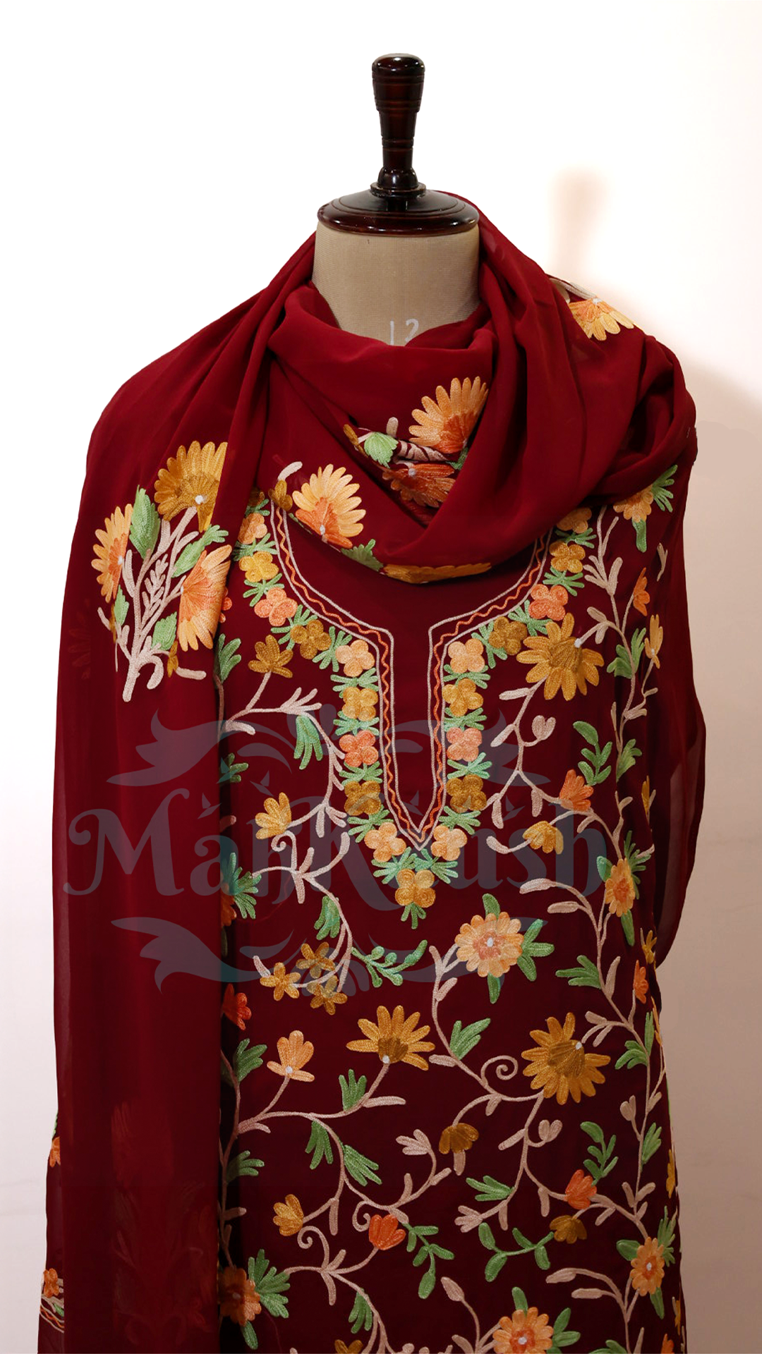 Semi Georgette Kashmiri Aari Embroidery Suit (Unstitched) Maroon