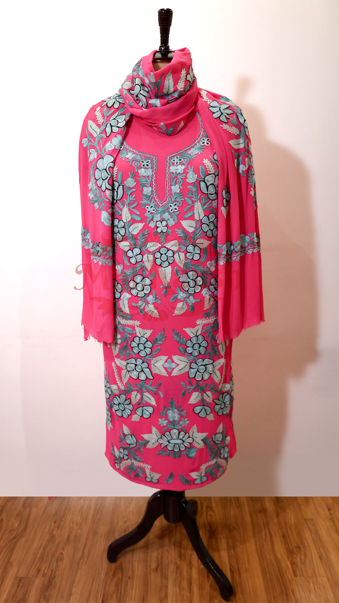 Pure Georgette Kashmiri Aari Embroidery Suit Unstitched (Pink)