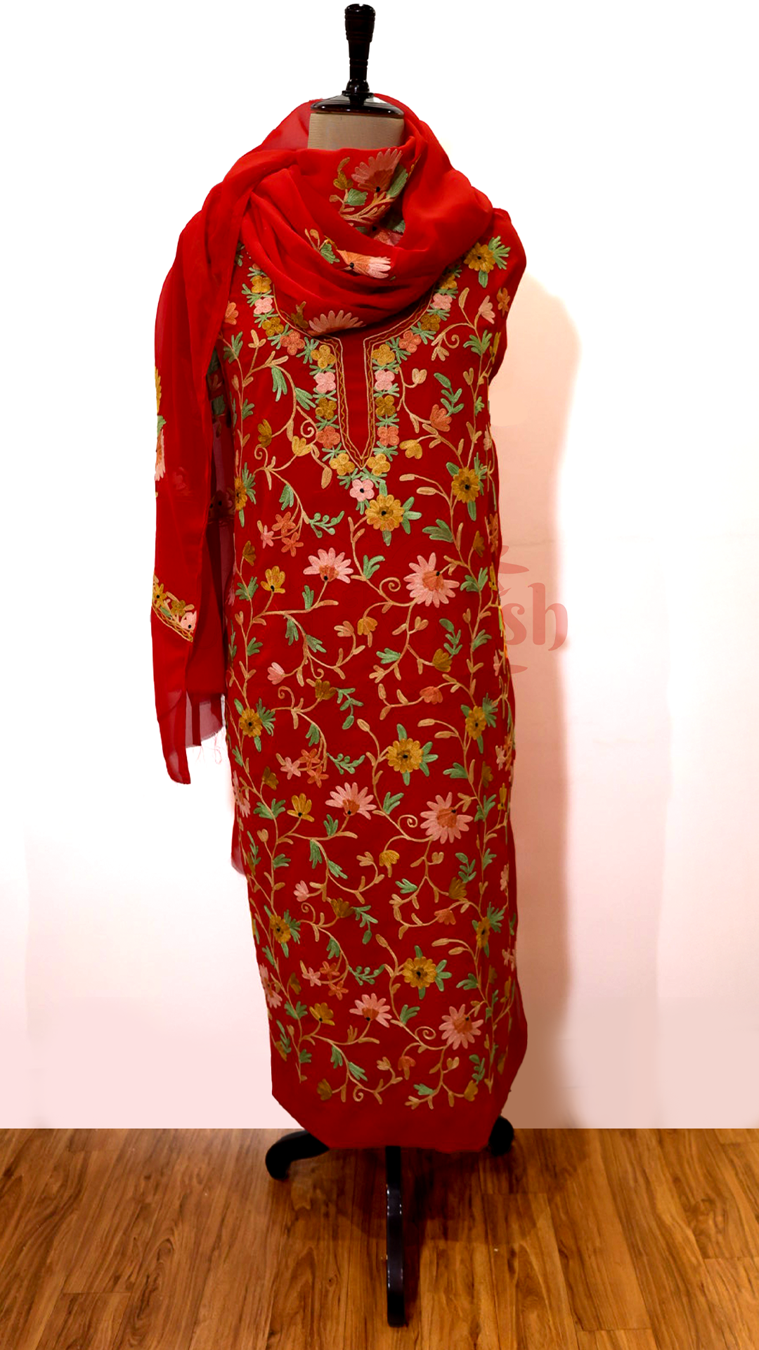 Semi Georgette Kashmiri Aari Embroidery Suit (Unstitched) Red