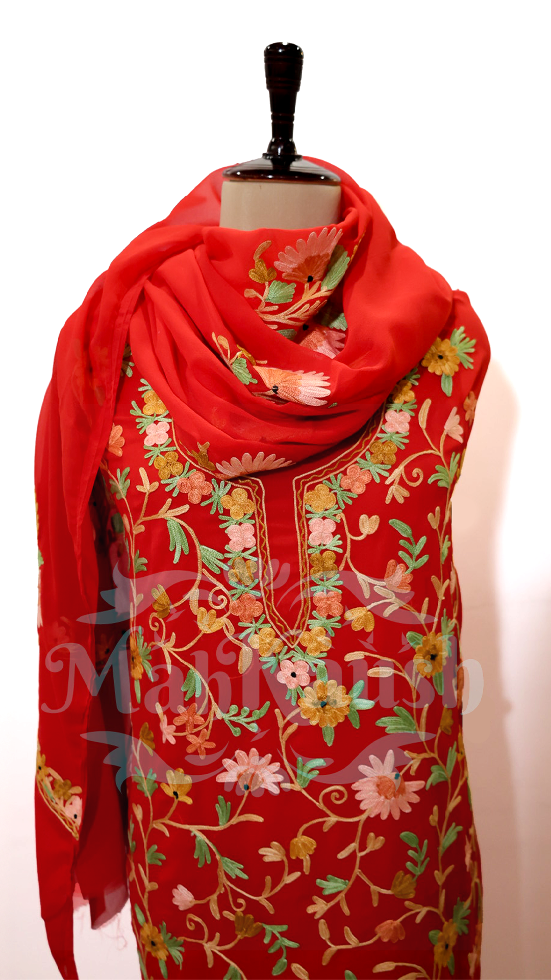 Semi Georgette Kashmiri Aari Embroidery Suit (Unstitched) Red