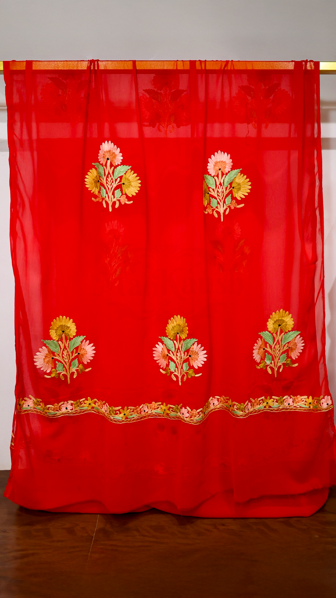 Semi Georgette Kashmiri Aari Embroidery Suit (Unstitched) Red