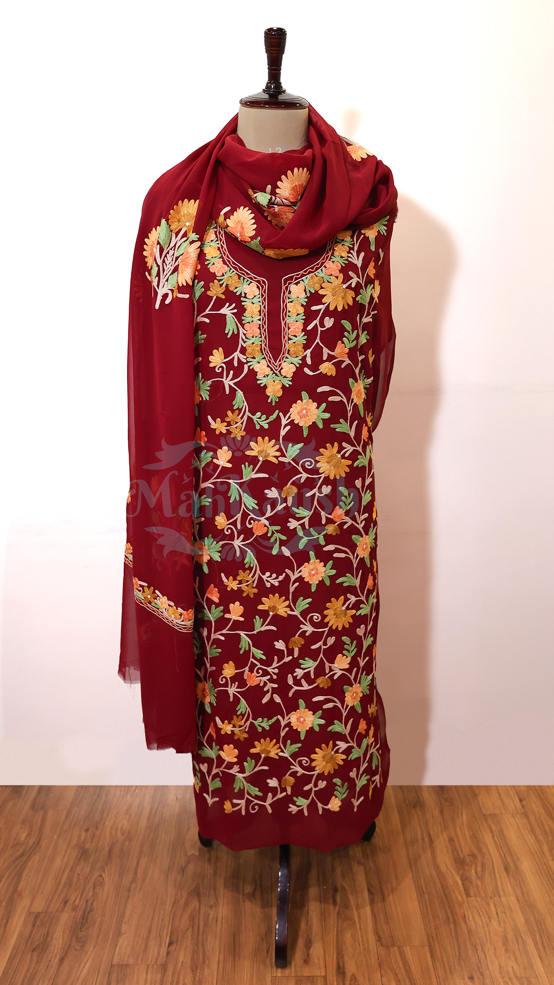 Semi Georgette Kashmiri Aari Embroidery Suit (Unstitched) Maroon