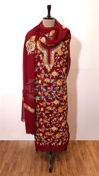 Semi Georgette Kashmiri Aari Embroidery Suit (Unstitched) Maroon