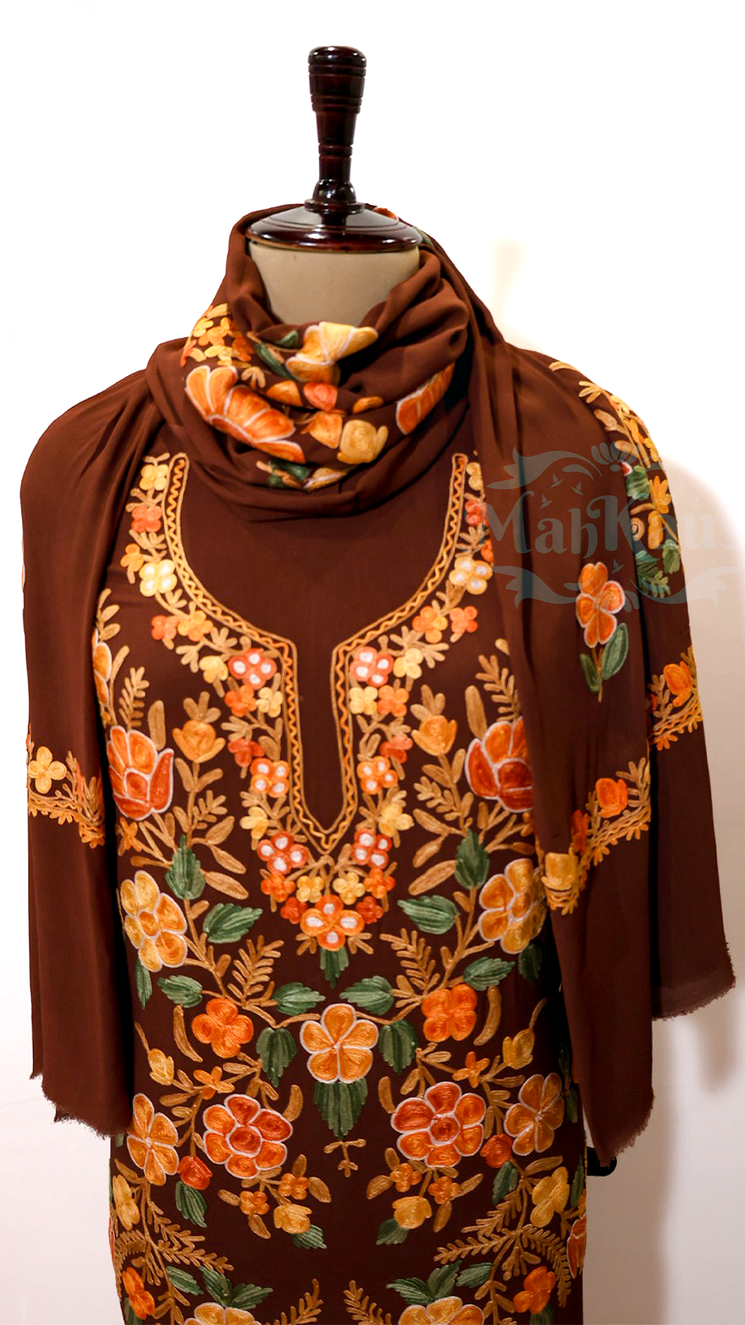 Pure Georgette Kashmiri Aari Embroidery Suit Unstitched (Brown)