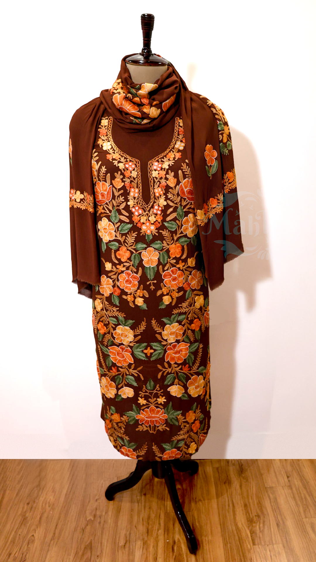Pure Georgette Kashmiri Aari Embroidery Suit Unstitched (Brown)