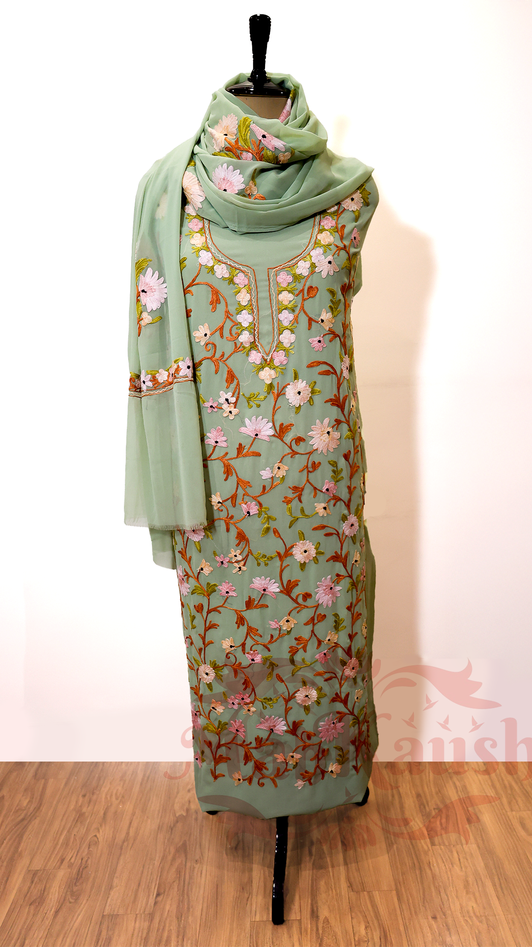 Semi Georgette Kashmiri Aari Embroidery Suit (Unstitched) Green