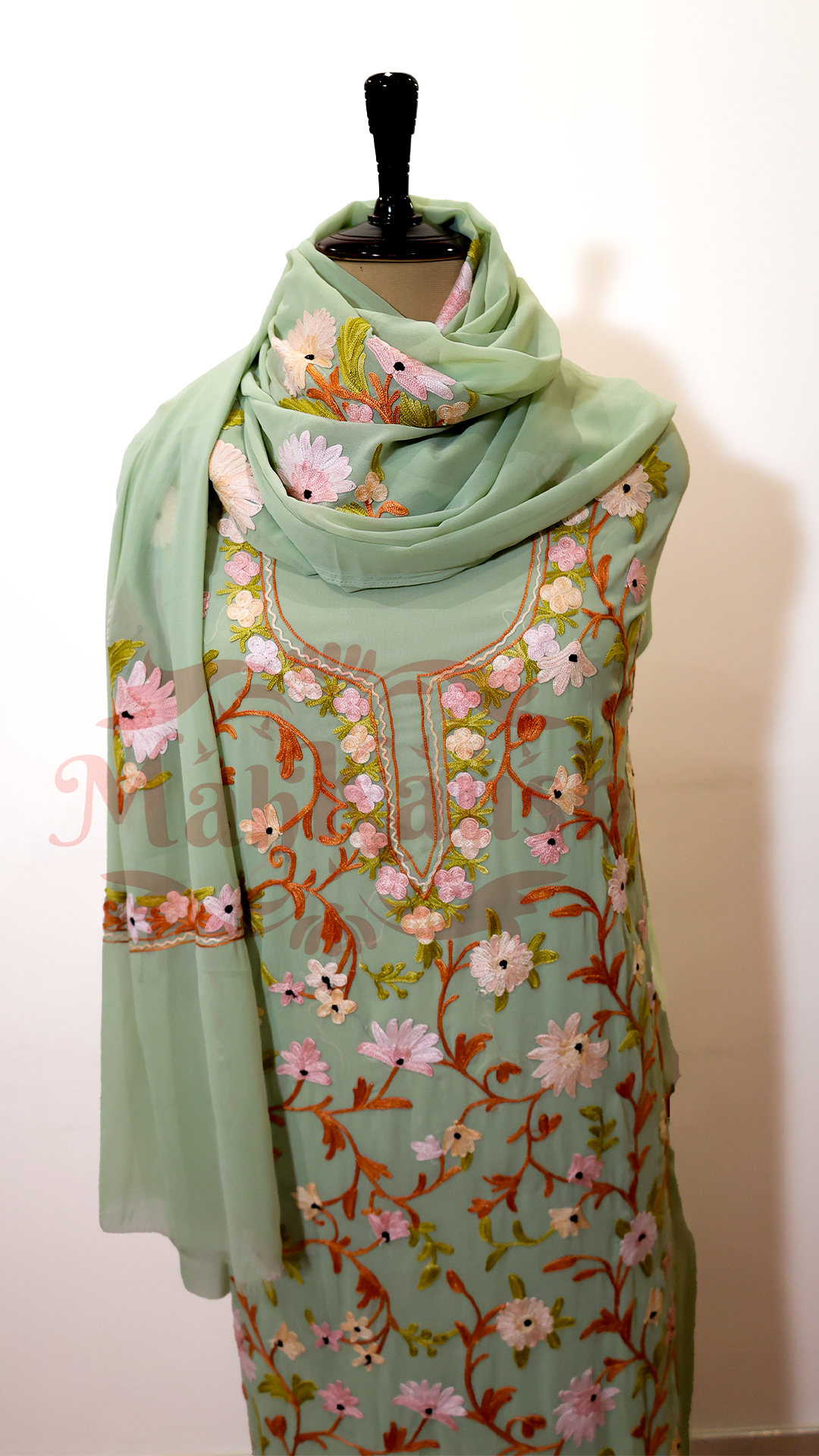 Semi Georgette Kashmiri Aari Embroidery Suit (Unstitched) Green