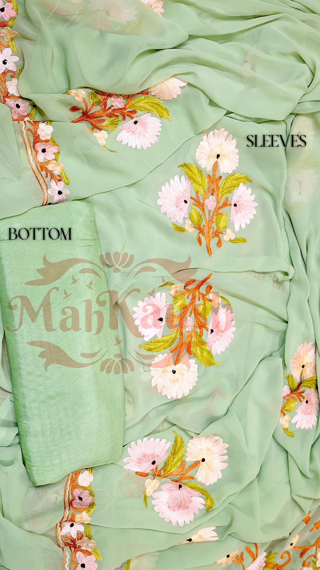 Semi Georgette Kashmiri Aari Embroidery Suit (Unstitched) Green