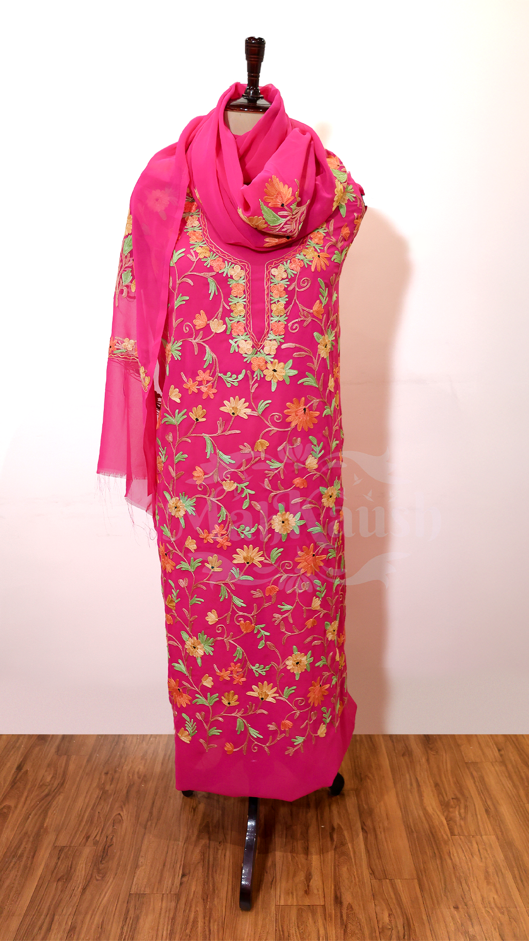 Semi Georgette Kashmiri Aari Embroidery Suit (Unstitched) Pink